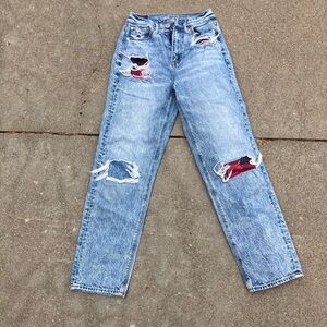 American Eagle light wash highest rise 90s boyfriend fit. With plaid patching.